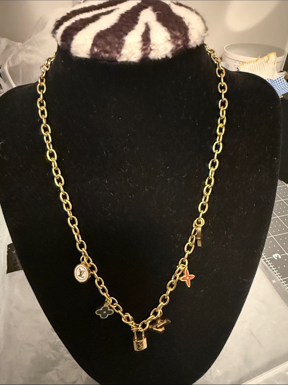 Gold-Tone Charm Necklace with Multicolor Enamel Accents